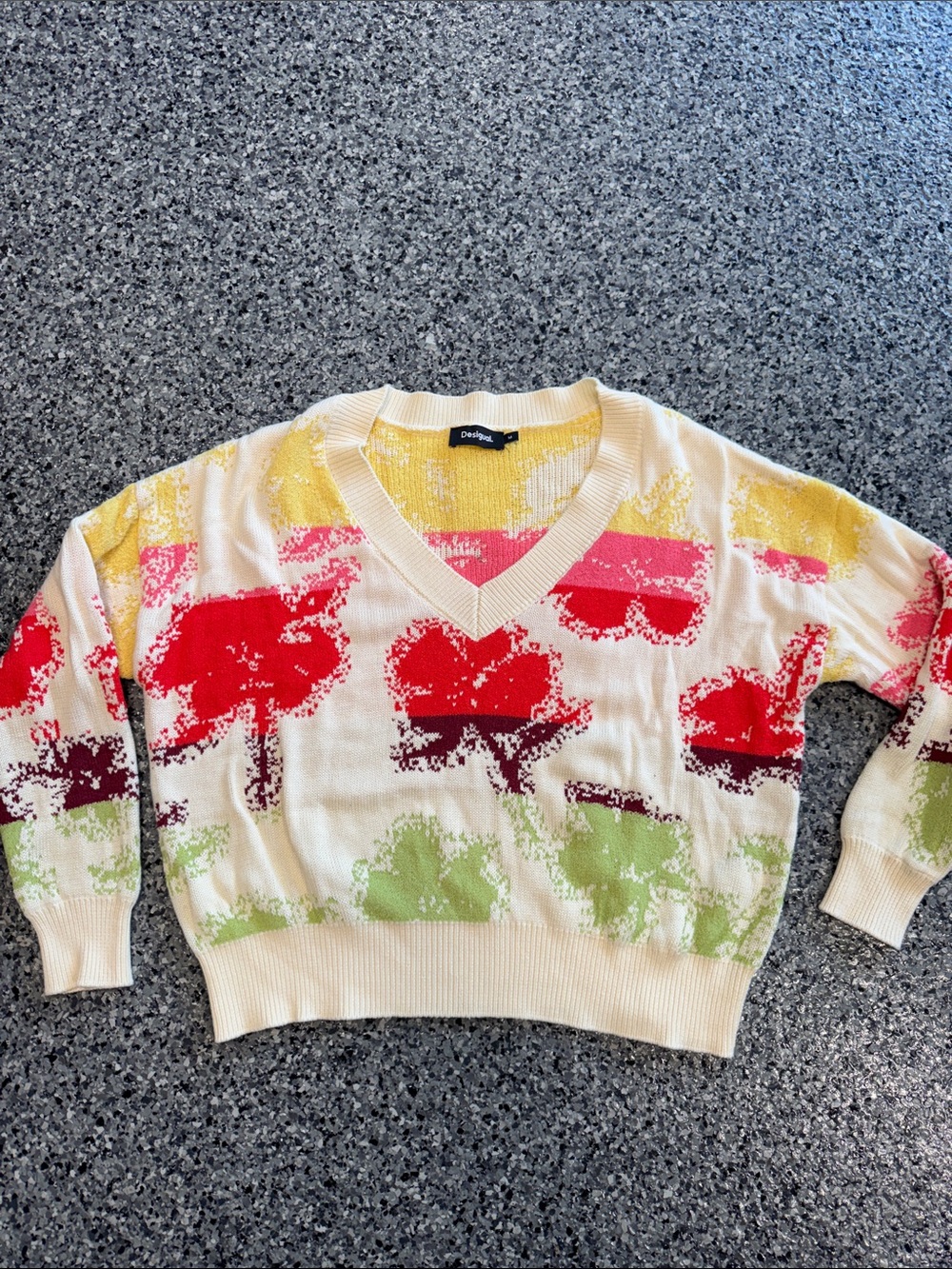 Desigual Cream V-Neck Sweater with Red, Pink, Yellow & Green Floral Motif
